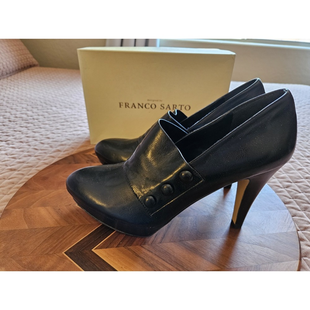 NIB Franco Sarto Olive2 Black Leather Ankle Booties w/Side Buttons 4" Heels, 9.5